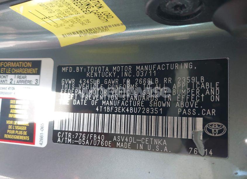 Photo 9 of 2011 Toyota Camry LE (VIN 4T1BF3EK4BU728351)