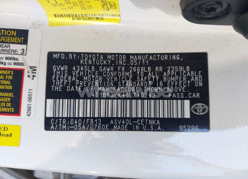 Photo 9 of 2011 Toyota Camry LE (VIN 4T1BF3EK4BU740242)