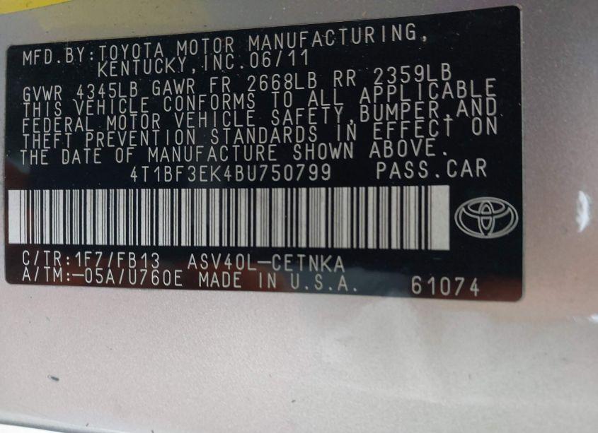 Photo 9 of 2011 Toyota Camry LE (VIN 4T1BF3EK4BU750799)