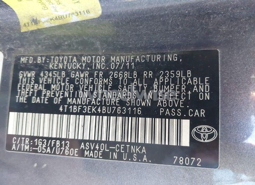 Photo 9 of 2011 Toyota Camry LE (VIN 4T1BF3EK4BU763116)