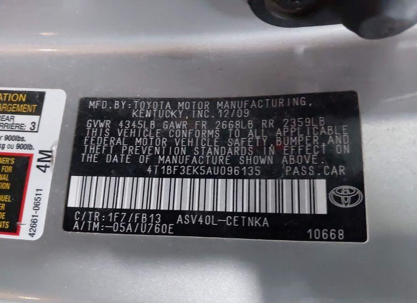 Photo 9 of 2010 Toyota Camry LE (VIN 4T1BF3EK5AU096135)