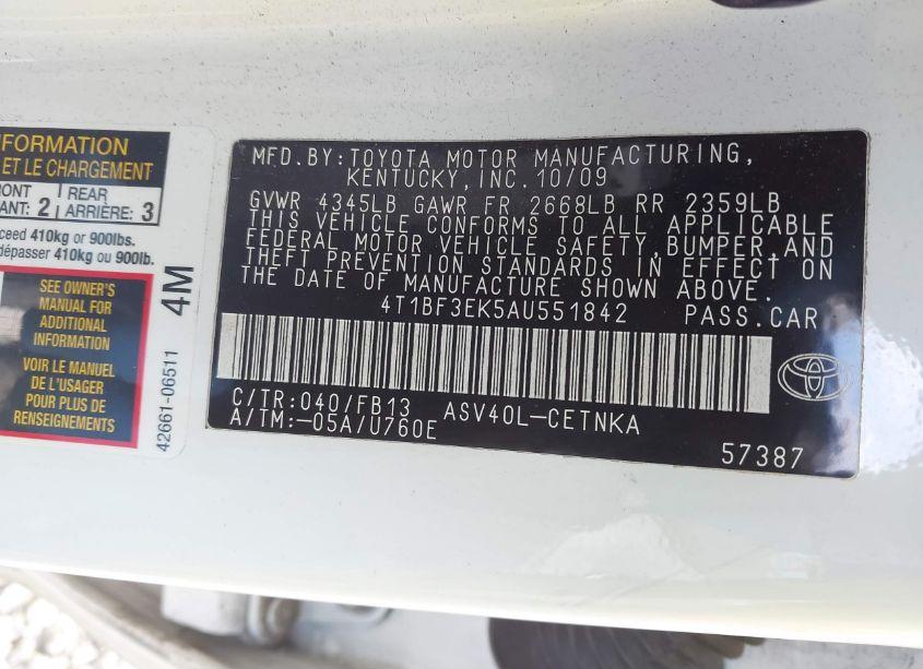 Photo 9 of 2010 Toyota Camry LE (VIN 4T1BF3EK5AU551842)