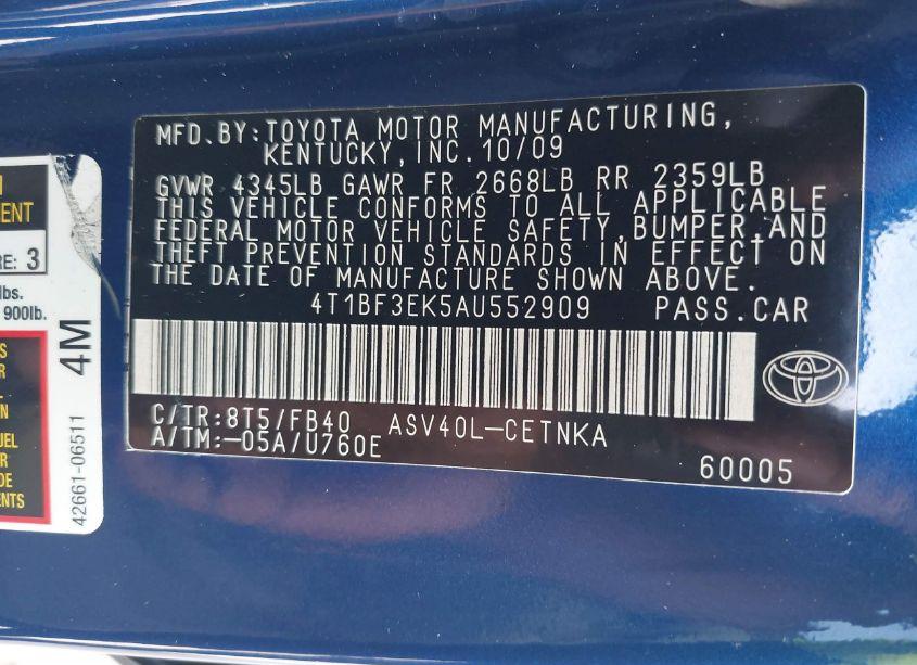 Photo 9 of 2010 Toyota Camry BASE (RETAIL ORDERS ONLY) (A5) (VIN 4T1BF3EK5AU552909)