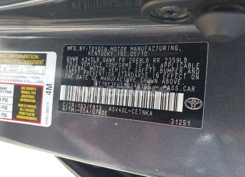 Photo 9 of 2011 Toyota Camry LE (VIN 4T1BF3EK5BU149305)