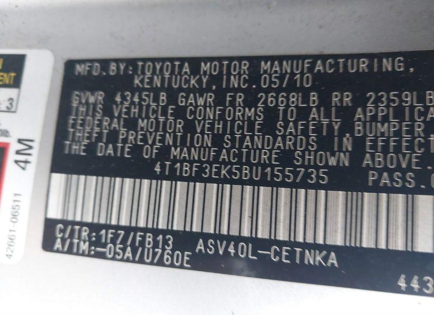 Photo 9 of 2011 Toyota Camry LE (VIN 4T1BF3EK5BU155735)