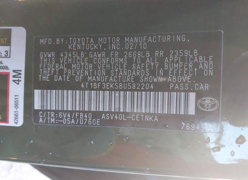 Photo 9 of 2011 Toyota Camry LE (VIN 4T1BF3EK5BU582204)