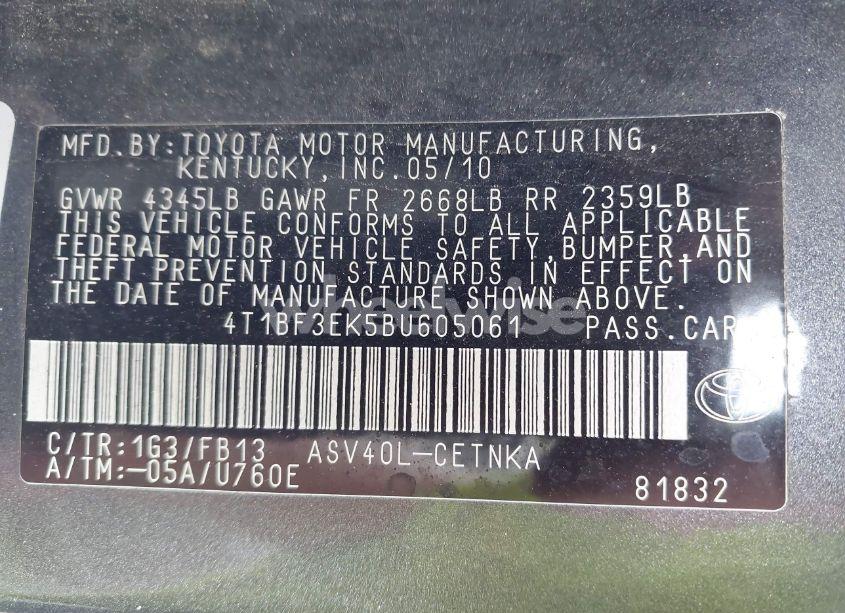 Photo 9 of 2011 Toyota Camry LE (VIN 4T1BF3EK5BU605061)