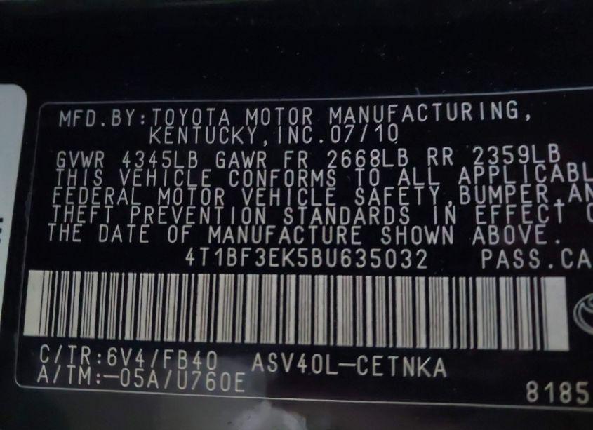Photo 9 of 2011 Toyota Camry LE (VIN 4T1BF3EK5BU635032)