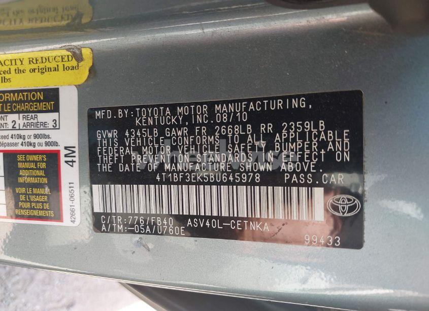 Photo 9 of 2011 Toyota Camry LE (VIN 4T1BF3EK5BU645978)