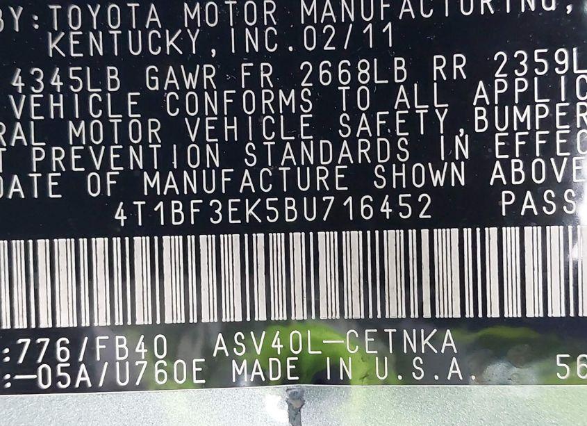 Photo 9 of 2011 Toyota Camry LE (VIN 4T1BF3EK5BU716452)