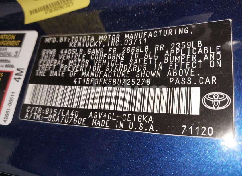 Photo 9 of 2011 Toyota Camry XLE (VIN 4T1BF3EK5BU725278)