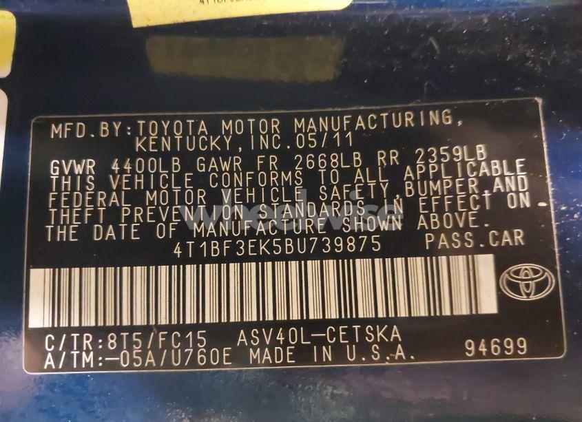 Photo 9 of 2011 Toyota Camry SE (VIN 4T1BF3EK5BU739875)