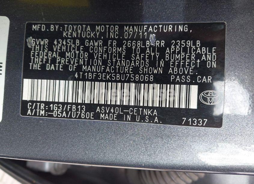 Photo 9 of 2011 Toyota Camry LE (VIN 4T1BF3EK5BU758068)
