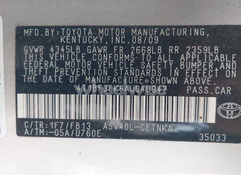Photo 9 of 2010 Toyota Camry LE (VIN 4T1BF3EK6AU040947)