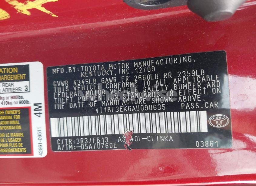 Photo 9 of 2010 Toyota Camry LE (VIN 4T1BF3EK6AU090635)