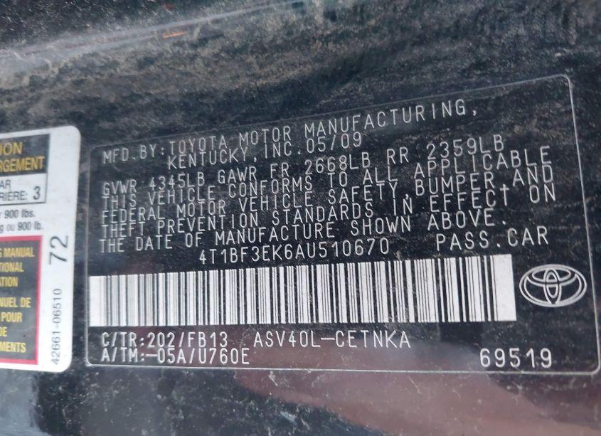 Photo 9 of 2010 Toyota Camry LE (VIN 4T1BF3EK6AU510670)