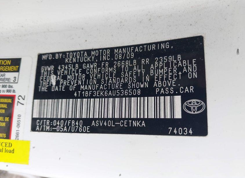 Photo 9 of 2010 Toyota Camry LE (VIN 4T1BF3EK6AU536508)