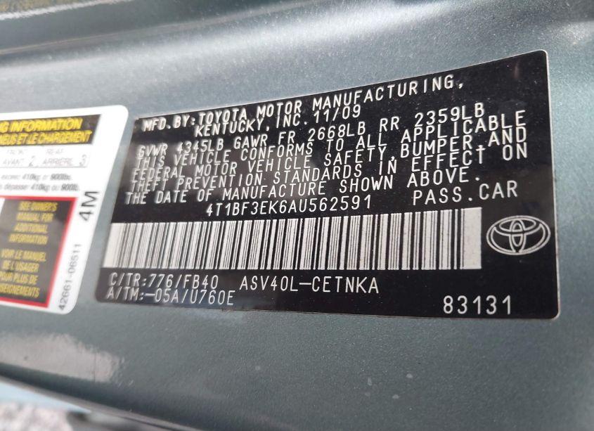 Photo 9 of 2010 Toyota Camry LE (VIN 4T1BF3EK6AU562591)