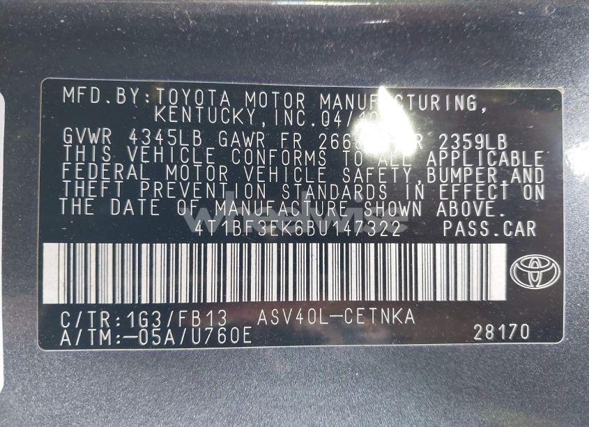 Photo 9 of 2011 Toyota Camry LE (VIN 4T1BF3EK6BU147322)