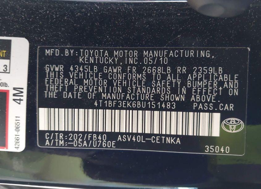 Photo 9 of 2011 Toyota Camry LE (VIN 4T1BF3EK6BU151483)