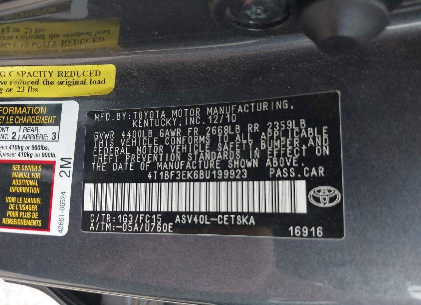 Photo 9 of 2011 Toyota Camry SE (VIN 4T1BF3EK6BU199923)