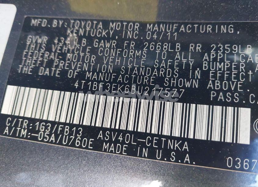 Photo 9 of 2011 Toyota Camry LE (VIN 4T1BF3EK6BU217577)