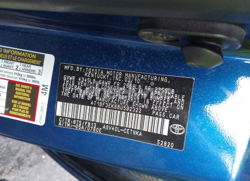 Photo 9 of 2011 Toyota Camry LE (VIN 4T1BF3EK6BU592322)