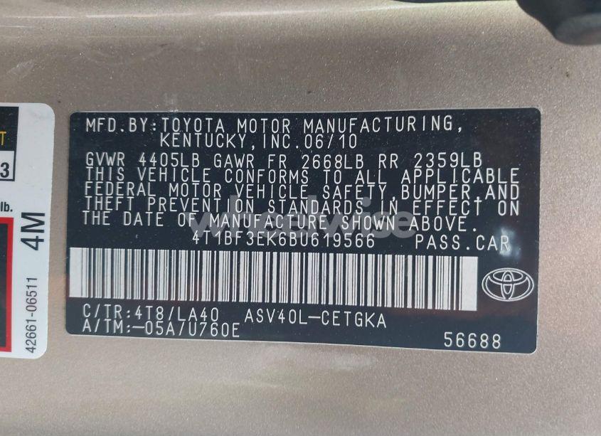 Photo 9 of 2011 Toyota Camry XLE (VIN 4T1BF3EK6BU619566)