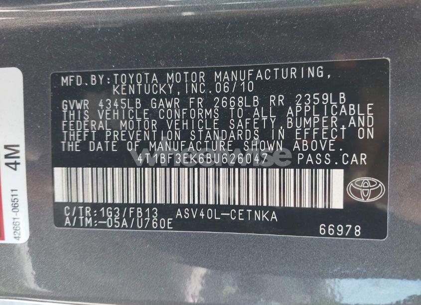 Photo 9 of 2011 Toyota Camry LE (VIN 4T1BF3EK6BU626047)