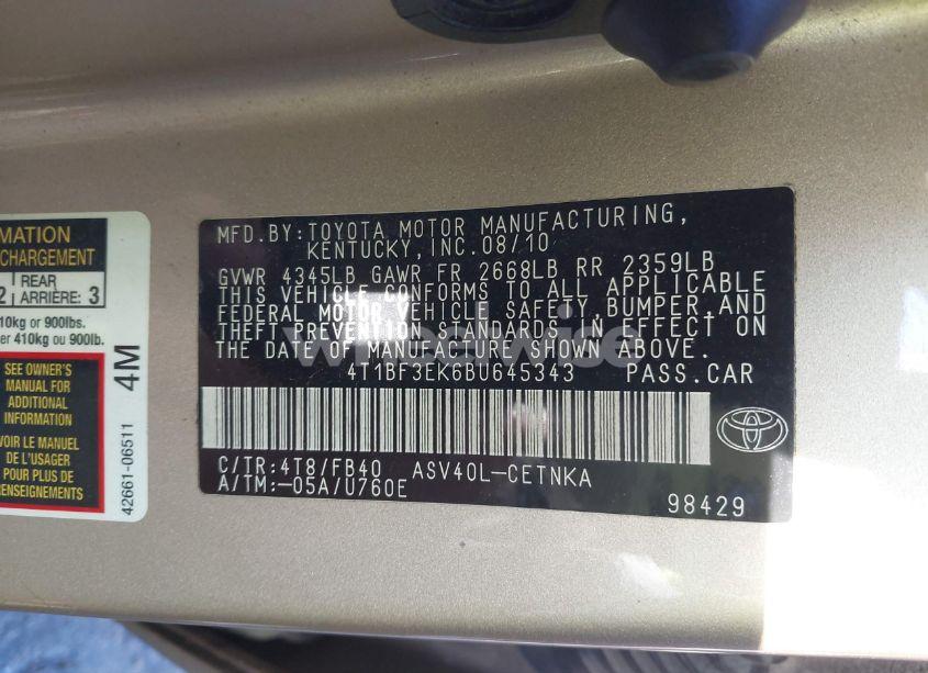 Photo 9 of 2011 Toyota Camry LE (VIN 4T1BF3EK6BU645343)