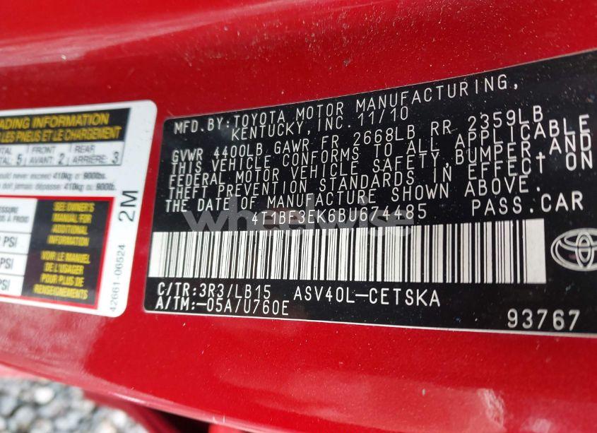 Photo 9 of 2011 Toyota Camry SE (VIN 4T1BF3EK6BU674485)