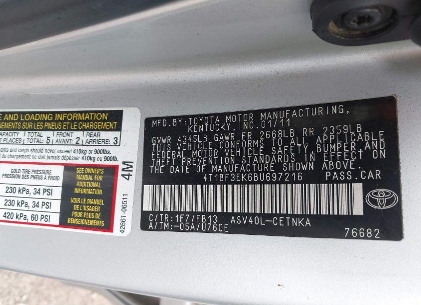 Photo 9 of 2011 Toyota Camry LE (VIN 4T1BF3EK6BU697216)