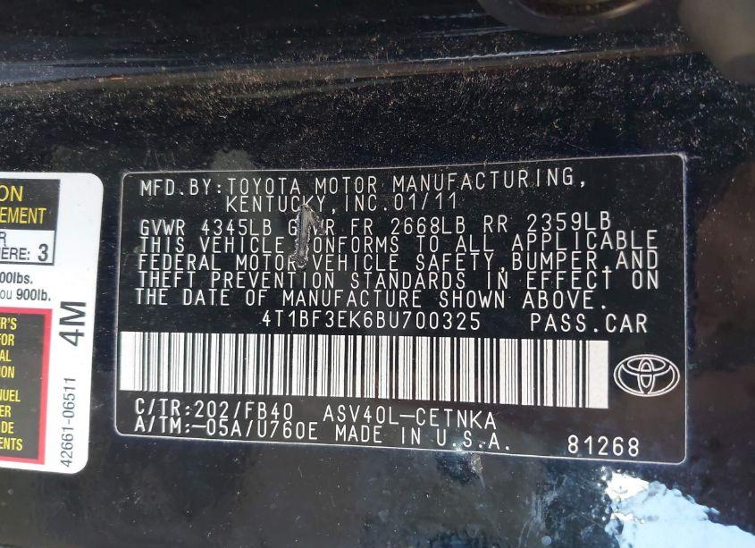 Photo 9 of 2011 Toyota Camry LE (VIN 4T1BF3EK6BU700325)