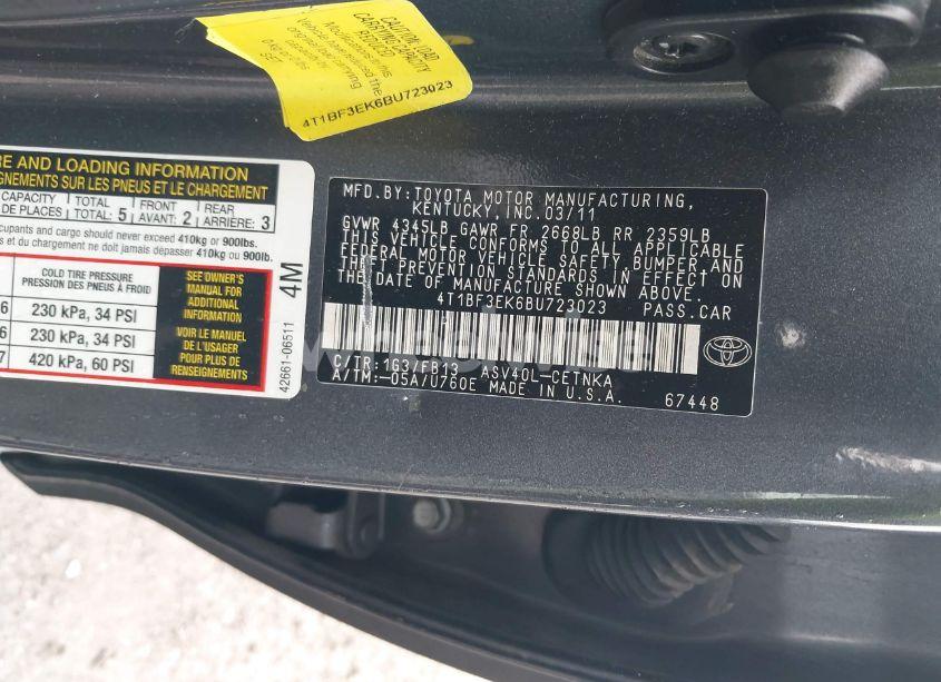 Photo 9 of 2011 Toyota Camry LE (VIN 4T1BF3EK6BU723023)