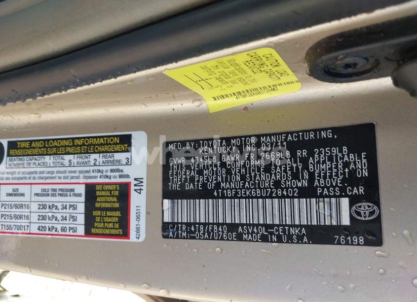 Photo 9 of 2011 Toyota Camry LE (VIN 4T1BF3EK6BU728402)