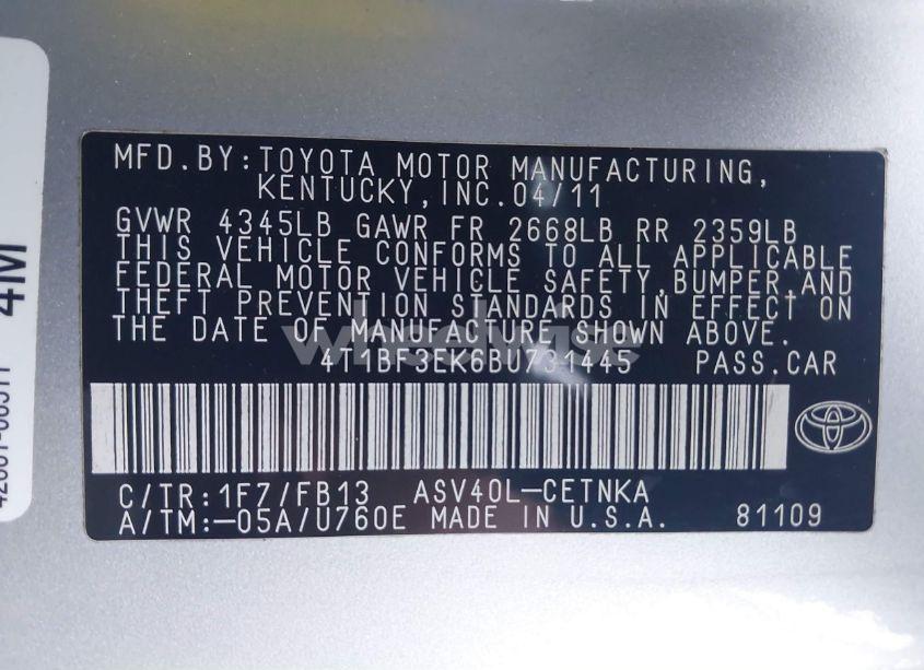 Photo 9 of 2011 Toyota Camry LE (VIN 4T1BF3EK6BU731445)