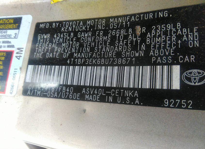 Photo 9 of 2011 Toyota Camry LE (VIN 4T1BF3EK6BU738671)