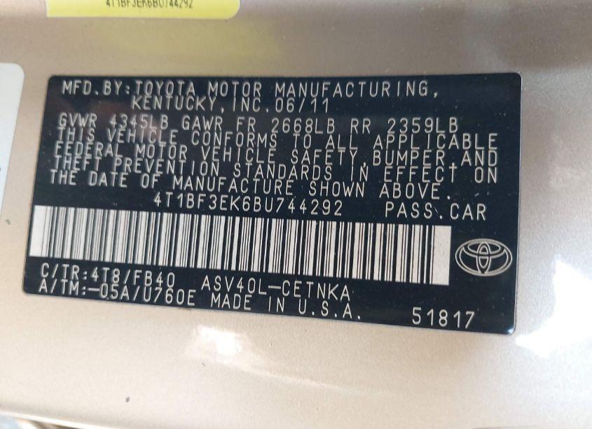 Photo 9 of 2011 Toyota Camry LE (VIN 4T1BF3EK6BU744292)