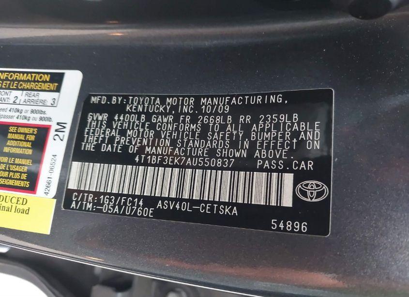Photo 9 of 2010 Toyota Camry SE (VIN 4T1BF3EK7AU550837)