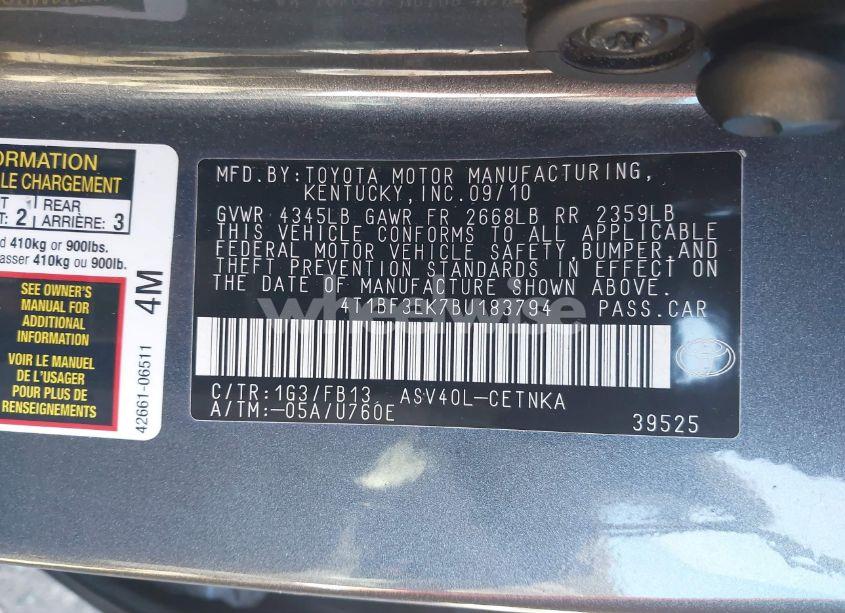 Photo 9 of 2011 Toyota Camry LE (VIN 4T1BF3EK7BU183794)