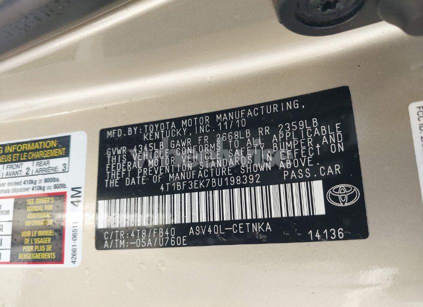 Photo 9 of 2011 Toyota Camry LE (VIN 4T1BF3EK7BU198392)