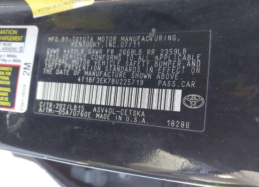 Photo 9 of 2011 Toyota Camry SE (VIN 4T1BF3EK7BU225719)