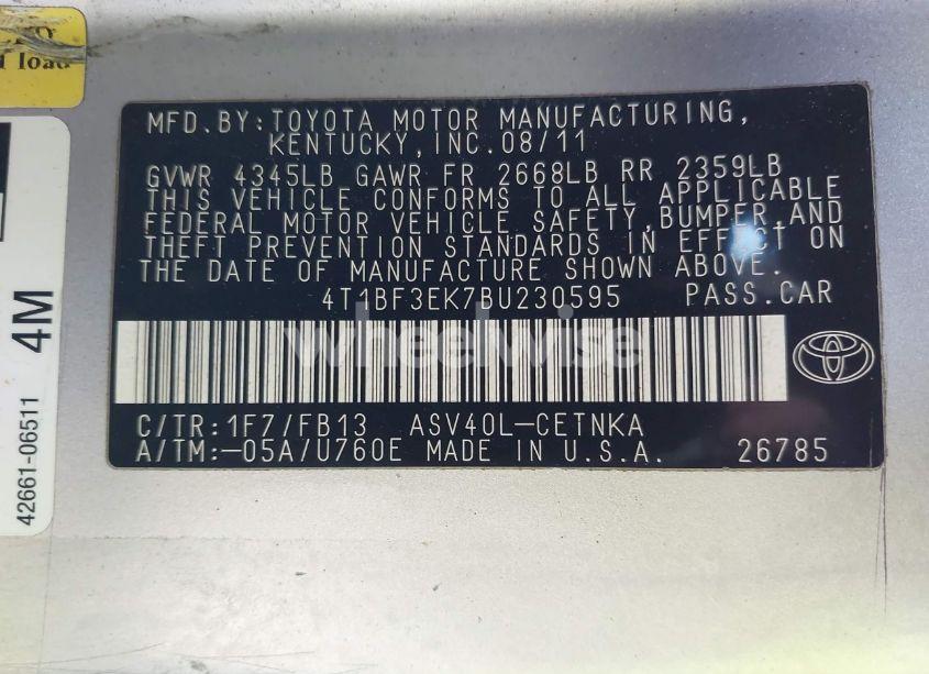 Photo 9 of 2011 Toyota Camry LE (VIN 4T1BF3EK7BU230595)