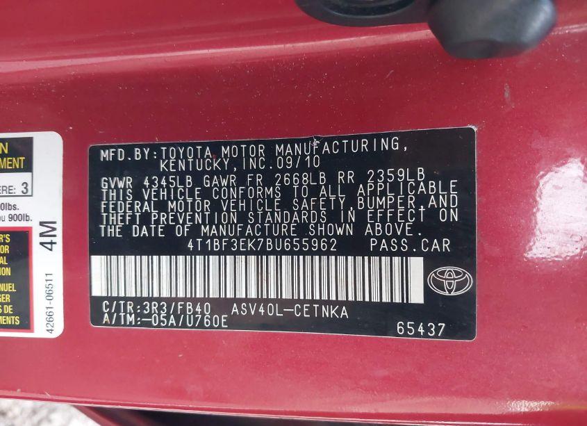 Photo 9 of 2011 Toyota Camry LE (VIN 4T1BF3EK7BU655962)