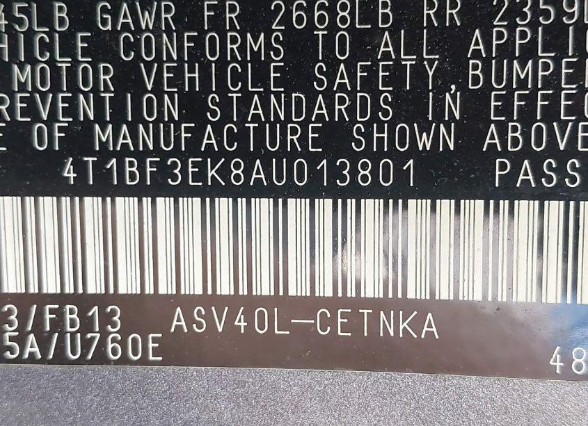 Photo 9 of 2010 Toyota Camry LE (VIN 4T1BF3EK8AU013801)