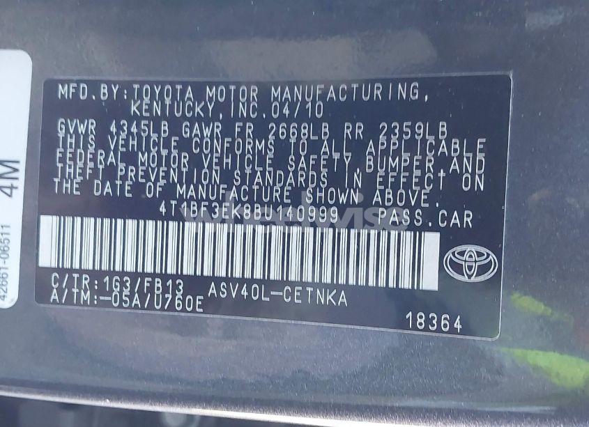 Photo 9 of 2011 Toyota Camry LE (VIN 4T1BF3EK8BU140999)