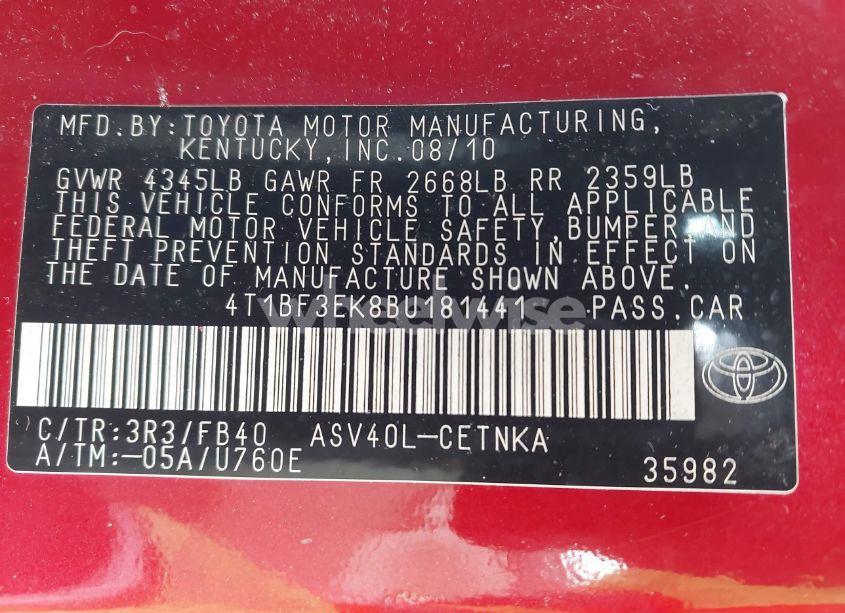 Photo 9 of 2011 Toyota Camry LE (VIN 4T1BF3EK8BU181441)