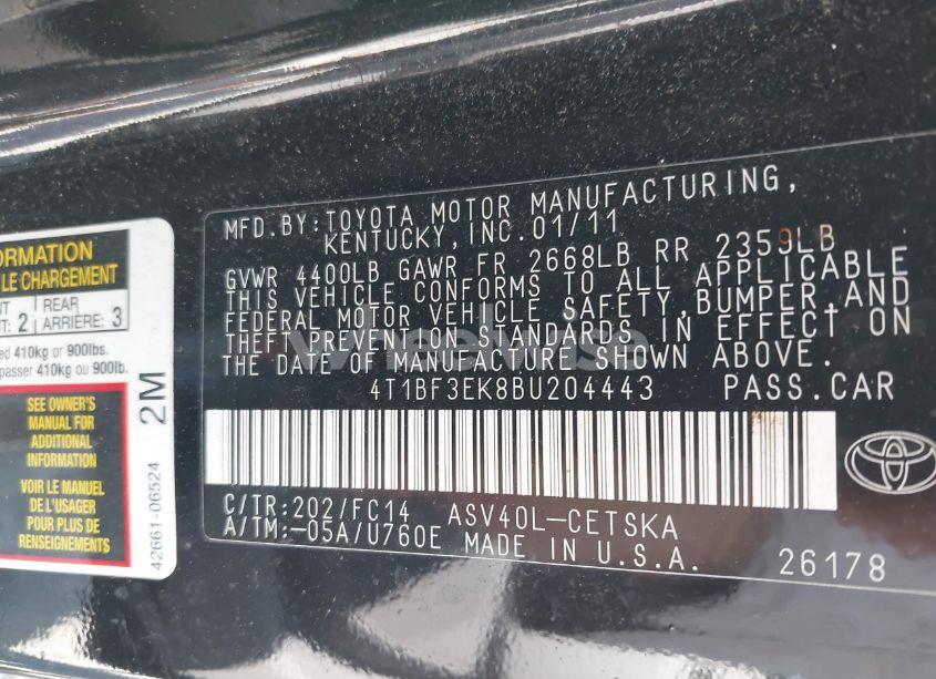 Photo 9 of 2011 Toyota Camry SE (VIN 4T1BF3EK8BU204443)