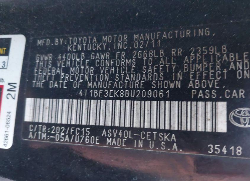 Photo 9 of 2011 Toyota Camry SE (VIN 4T1BF3EK8BU209061)