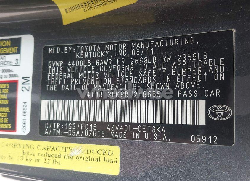 Photo 9 of 2011 Toyota Camry SE (VIN 4T1BF3EK8BU218665)